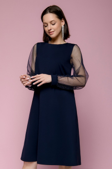 Платье темно-синее свободного силуэта с рукавами из фатина 1001 DRESS