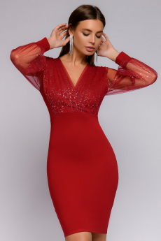 Новинка: платье красное длины мини с драпировкой и объемными рукавами из фатина 1001 DRESS