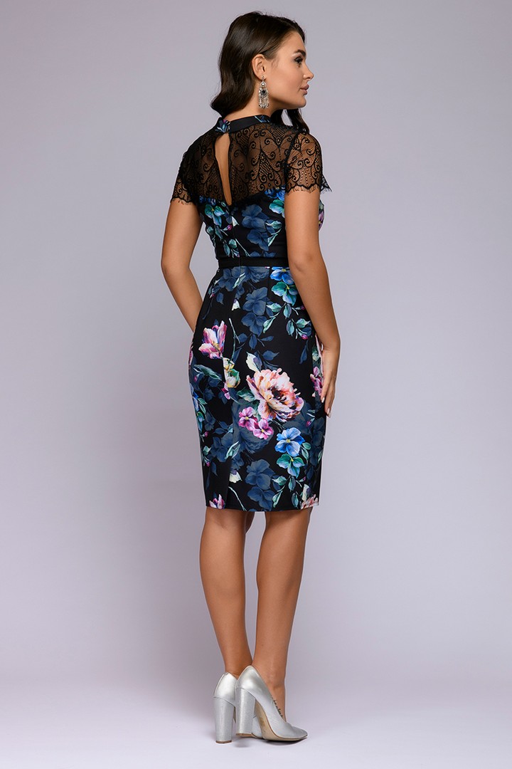 Фото товара 22254, платье черное длины миди с кружевной отделкой и цветочным принтом